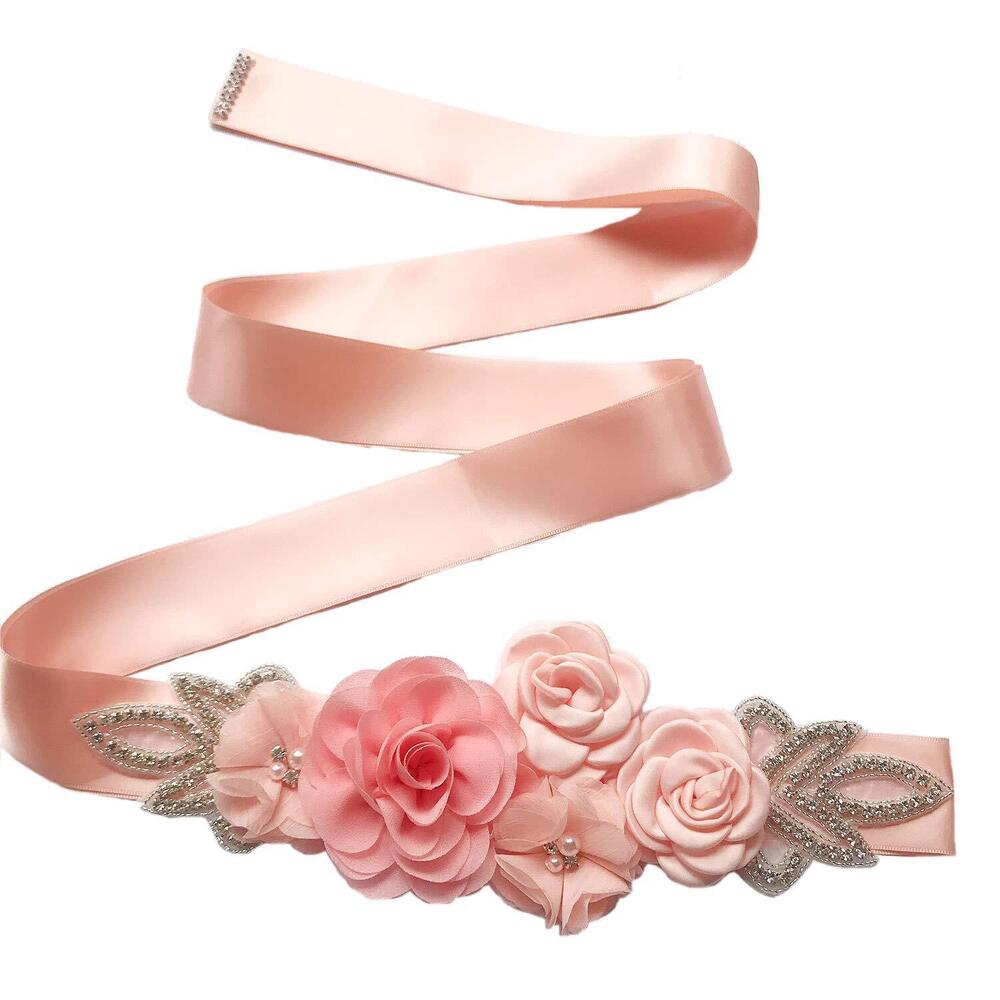 1564 Sash Belt with Flowers Pearls Rhinestone for Wedding Bride/Baby Shower